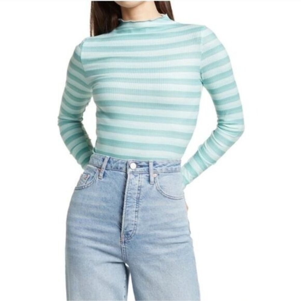 Cali Be mock neck teal striped long sleeve t-shirt Small NWT